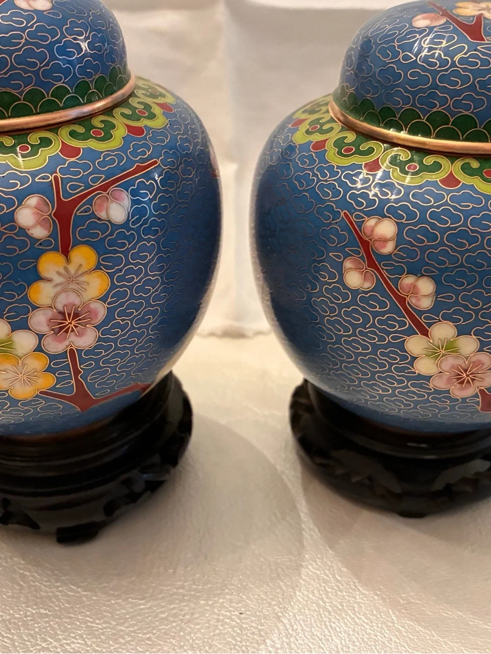 Pair Of Vintage Chinese Cloisonné Lidded Ginger Jars, Floral Motif, 4 1/2” T